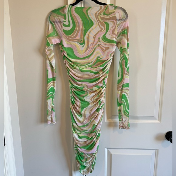 AFRM LOS ANGELES Gesine Long Sleeve Ruched Minidress in Green Swiss - Picture 9 of 11